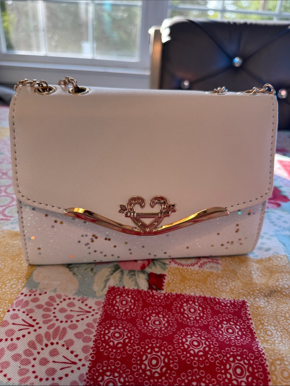 White Glitter Chain Shoulder Bag with Gold Accent